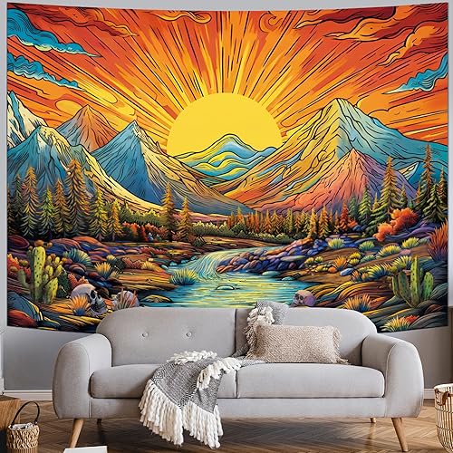 Boho Sun Mountain Tapestry Trippy Forest Tree Tapestry Vintage Aesthetic Magic River Tapestries Nature Landscape Wall Hanging for Bedroom Home Decor