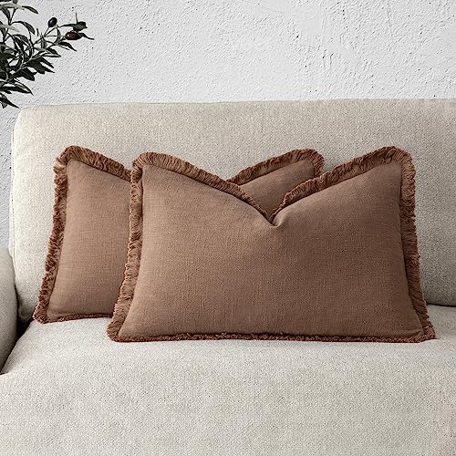 Boho Linen Fringe Lumbar Throw Pillow Covers 12×24 Khaki Brown (2 Count)