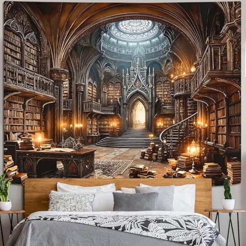 Gothic Library Tapestry Medieval Bookshelf Tapestries Wall Hanging Goth Vintage Dark Academia Hall Library Backdrop Extra Large Tapestry for Bedroom Living Room Dorm Classroom 90 x 68 inch