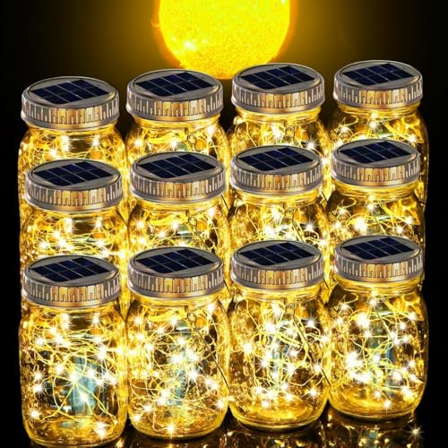 12 Pack Gifts for Him Her Solar Lanterns Outdoor Waterproof Upgraded Crystal Glass Solar Mason Jar Lights 30 LED 215% Larger SolarPanel（Just a Little More (12 Count)