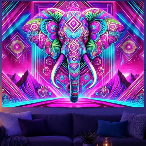 Blacklight Tapestry Elephant Neon Wall Art 78 x 59 Inch