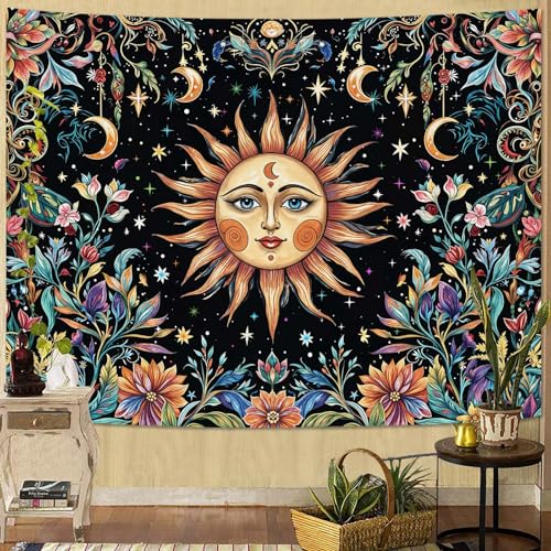 Sun and Moon Tapestry Hippie Boho Floral Wall Tapestry for Bedroom Aesthetic Colorful Flowers Vintage Celestial Botanical Plant Large Tapestries Wall Hanging for Living Room Dorm 80 x 60 Inch