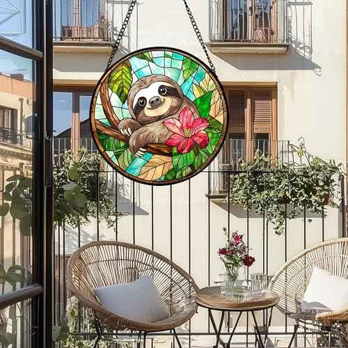 Stained Glass Window Hanging Sloth Flower Suncatcher Gifts for Women 12"