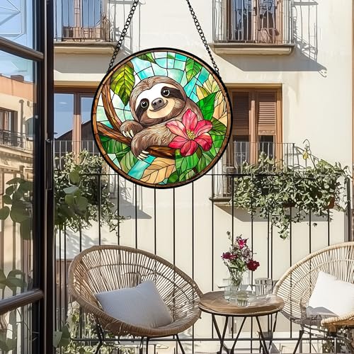 Stained Glass Window Hanging Sloth Flower Suncatcher Gifts for Women 15"