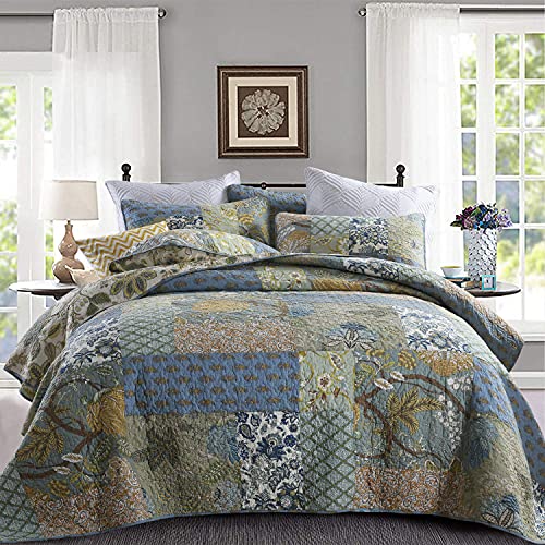 Quilt Set Queen Bedspread Reversible Green Farmhouse Garden Coverlet Real Patchwork Quilt Set for All Seasons