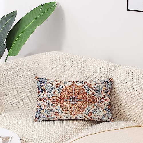 Outdoor Waterproof Pillow Covers 12X20 Inch Set of 2 Bohemian Vintage Carpet Pattern Pillow Covers Brown Blue Ethnic Design Decorative for Couch Garden Balcony (7 Count)
