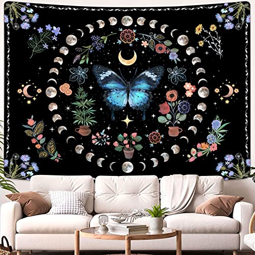 Blue Butterfly Moon Flower Tapestry Boho Floral Plant Tapestries for Bedroom Aesthetic Nature Tapastry's Wall Hanging Mandala Botanical Wall Tapestry for Living Room Dorm