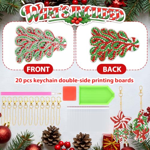 20 Pcs Christmas Candy Diamond Painting Keychain Kits 5D DIY Diamond Art Pendants Double Sided Hanging Key Chains for Christmas Party Decoration DIY (20 Count)