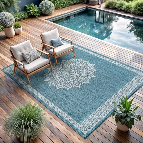 Outdoor Rug 8x10 Medallion Aqua Modern Area Rugs for Indoor and Outdoor Patios Kitchen and Hallway Mats Washable Porch Deck Outside Carpet (80 Sq Ft)