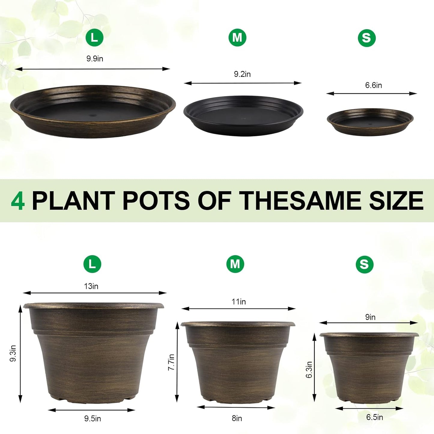 Plant Planters Pots Set of 4 Pack 11 Inch, Plastic Flower Pot for Indoor Plants with Drainage Holes & Trays, Resin Decorative Container Sets with Saucer for House Outdoor Garden Planters Dark Gold - HavenBliss Decor