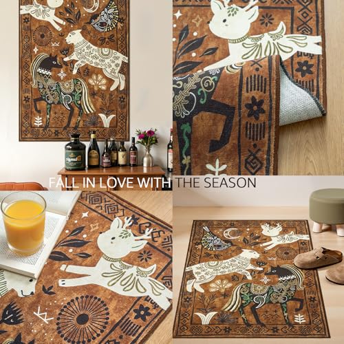 5ft Cute Round Rug Kids Washable Fun Rug Earthy Brown Starlit Boho (19.63 Sq Ft)