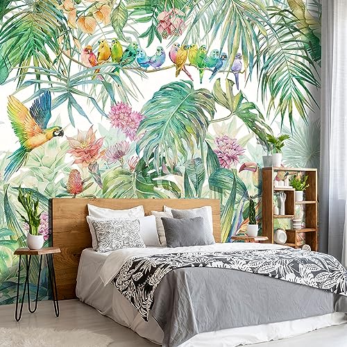 Tropical Green Botanical Flower Birds Leaf Wallpaper Bedroom Plant Floral Mural Room Decor Living Room tv Background Large Wall Mural