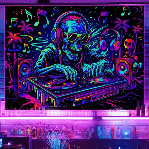 Blacklight Tapestry DJ Skeleton Bedroom Decor 78 x 59 Inch