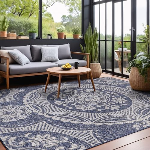 Medallion Outdoor Rug 9x12 Washable Outside Carpet for Indoor Patio Porch Waterproof Easy Cleaning Non Shedding Area Rugs Blue 9 x 12