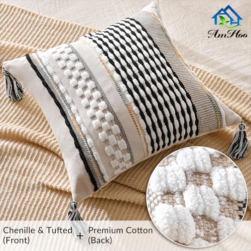 Chenille Striped Textured Boho Throw Pillow Covers Aesthetic with Tassels Woven Decorative Pillow Case for Couch Bed Sofa Bedroom Modern Funky 18 x 18