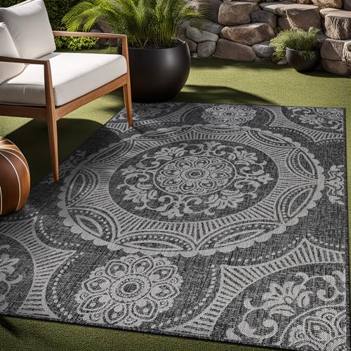 Medallion Outdoor Rug 10x14 Washable Outside Carpet for Indoor Patio Porch Waterproof Easy Cleaning Non Shedding Area Rugs Dark Gray 10 x 14