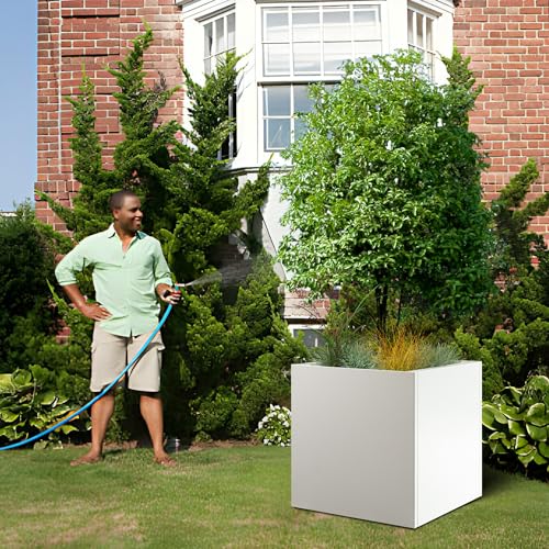 White Steel Planter Square Outdoor Planters Galvanized Steel Planter Box Indoor 32 Inch Metal Large Planters Cube Heavy Duty Flower Pot Modern Commercial Residential for Trees Patio Yard Garden