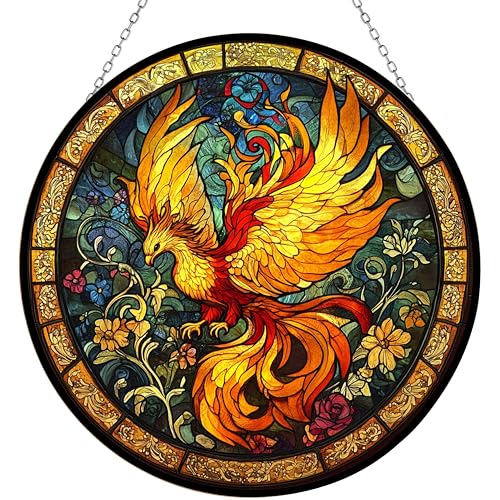 Sacred Phoenix Bird Suncatcher Stained Glass Window Hangings Sun Catchers Colorful Ornament Gifts for Women Mom Wife Halloween Christmas Housewarming 9.8"