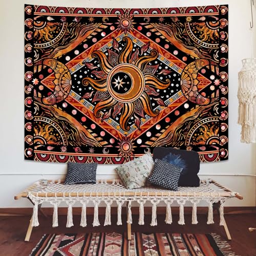 Hippie Sun and Moon Tapestry Bohemian Celestial Tapestry Aesthetic Tapestries for Bedroom and Living Room Decor Sun and Moon 60×80 Inches