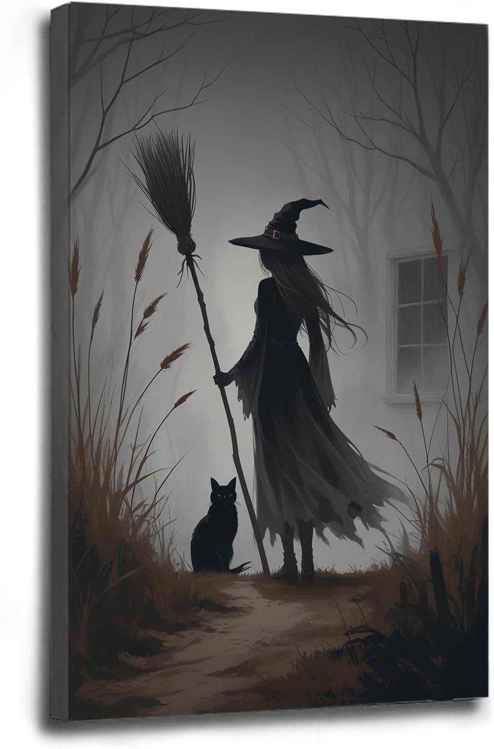 Vintage forest witch and black cat poster Halloween mural poster decoration mural art magic suitable for home living room bedroom16x24in Wood Framed