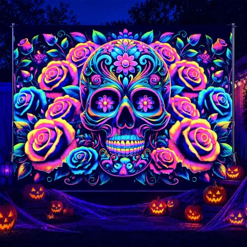 Blacklight Tapestry Floral Skull Bedroom Decor 78 x 59 Inch