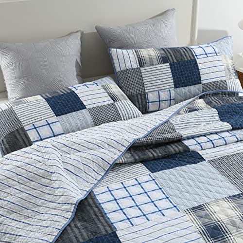 King Quilt Set Bedspread Reversible Plaid Grid Quilted Bedspread 3