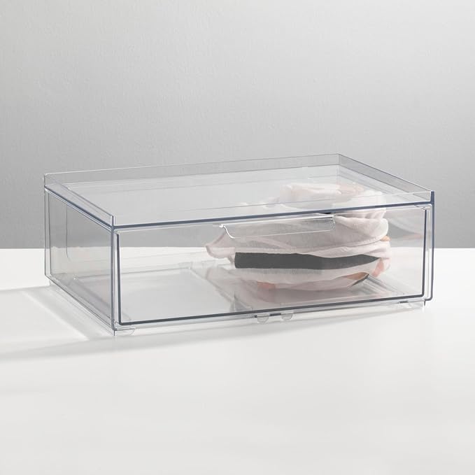 mDesign Plastic Wide Stackable Closet Storage Organizer Bin Containers with Front Pull Drawer for Cabinet, Desk, Shelf, Cupboard, or Dresser Organization, Lumiere Collection, 2 Pack - Clear