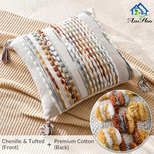 Chenille Striped Textured Boho Throw Pillow Covers Aesthetic with Tassels Woven Decorative Pillow Case for Couch Bed Sofa Bedroom Modern Funky 18 x 18
