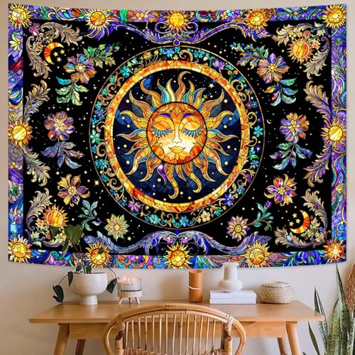 Sun Tapestry Stained Glass Tapestry Wall Decor Tapestries for Bedroom Boho Tapestries Wall Hanging for Bedroom Living Room Glass