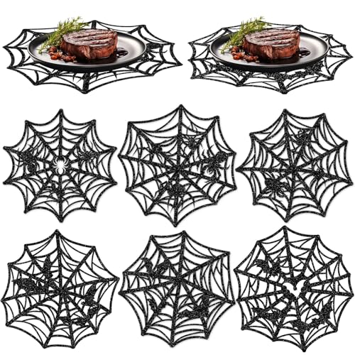 60Pcs Halloween Glitter Spider Web Disposable Paper Placemats Black Spiderweb Dining Table Mat Place Mats for Trick or Treat Party Home Table Setting (60 Count)