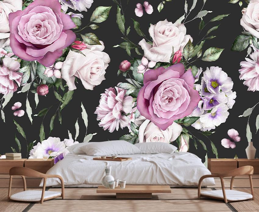 Seamless Pattern of Flowers and Exotic Leaves on a Black Background. Floral Roses and Peonies Wall Mural