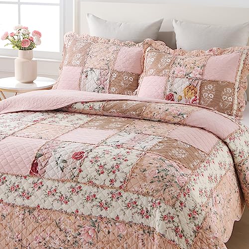 Quilts Queen Size Patchwork Pink Floral Quilt Set Vintage Shabby Chic Botanical Floral Quilted Bedspread 3