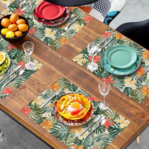 Tropical Palm Leaves Table Mats Set of 4 Summer Watercolor Hibiscus Flower Leaf Placement Mats for Dining Table Washable Non (4 Count)