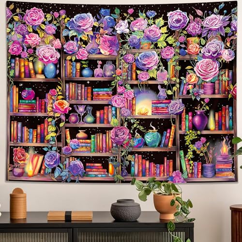 Bookshelf Pink and Purple Flower Tapestry Colorful Plants Tapestries for Bedroom Aesthetic Floral Wall Hanging Cute Girl Bedroom Decor
