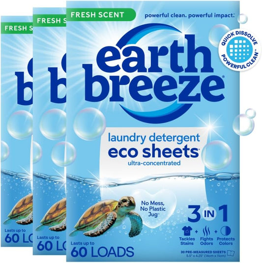 Earth Breeze Laundry Detergent Sheets Fresh Scent - 180 Loads Eco Liquidless Soap - Travel-Friendly for Hot & Cold Cycles, Tackles Tough Stains & Odors - Gentle on Skin, 90 Ct (3 Pack) - HavenBliss Decor