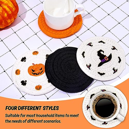 4 Pack Halloween Handmade Braided Drink Coasters Black Orange Pumpkins Witch Hats Absorbent Cotton Cup Coasters Heat Resistant Cup Mats for Halloween Home Kitchen Office Table Decor (4 Count)