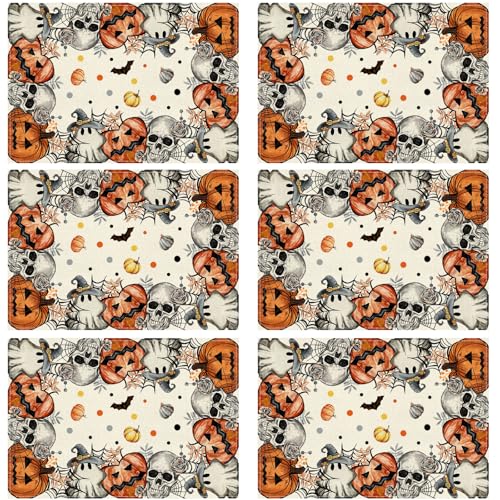 Halloween Skeleton Ghost Placemats Set of 6 Table Decor 12x18 Inch (9 Sq Ft)