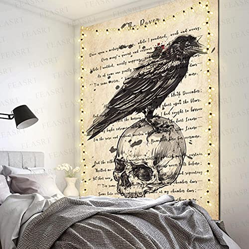 Raven Tapestry Edgar Allan Poe Poem Tapestry Gothic Skull Dictionary Tapestries Wall Hanging Background 60x80 Inches Living Room Bedroom Home Dorm