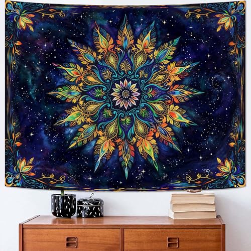 Boho Floral Mandala Tapestry for Bedroom Aesthetic Blue Bohemian Colorful Flower Wall Tapestry Purple Hippie Indian Small Tapestries Wall Hanging for Living Room Dorm Decor 60 x 44 Inch