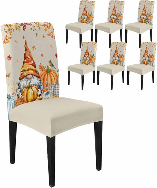 6 Pcs Dining Chair Covers Stretch Spandex Slipcovers Farm Thanksgiving Gnome Pumpkin Removable Washable Dining Room Seat Cover Cushion Protector for Home Hotel Banquet Decor Fall Maple Leaves Linen