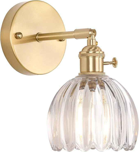 Vintage Wall Sconces with Transparent Tulip Glass Lampshade 180 Degree Adjustable Brass Sconces Hradwired Modern Wall Lighting Fixture with Switch for Bedside Bedroom Doorway