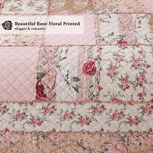 Quilts Queen Size Patchwork Pink Floral Quilt Set Vintage Shabby Chic Botanical Floral Quilted Bedspread 3