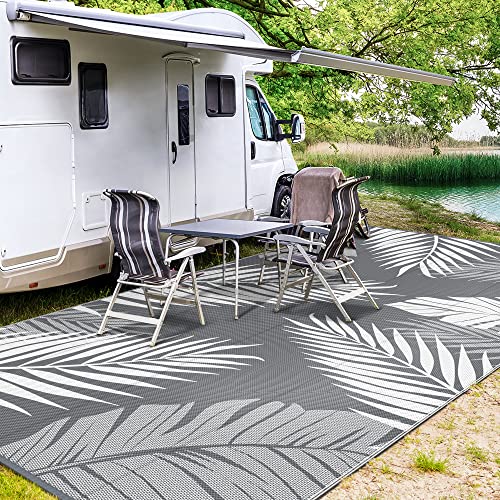 Outdoor Rug Waterproof Plastic Rugs 10'x14' for Camping Grey White