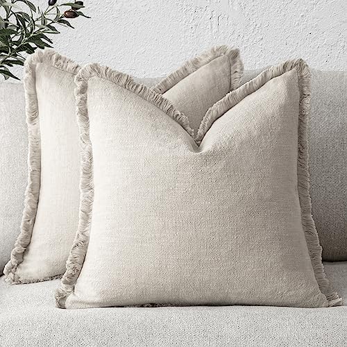 Decorative Linen Fringe Throw Pillow Covers 20×20 Inch (2 Count)