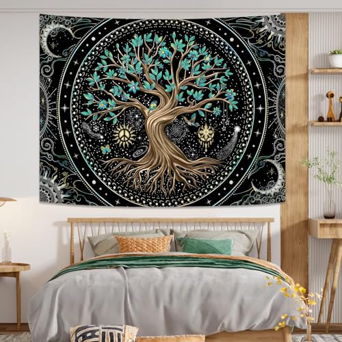 Tree of Life Tapastry Butterfly Moon Tapastry Flower Green Tree Tapestries Mandala Wall Hanging for Bedroom and Living Room Decor 60×80 Inches