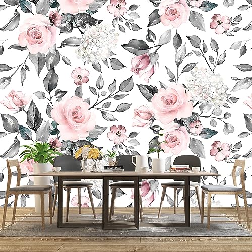 Grey Leaf Pink Flowers Mural Bedroom Floral Wallpaper Room Decor Living Room tv Background Large wall Mural