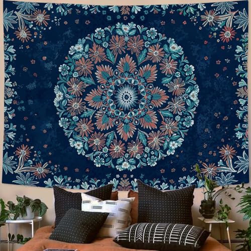 Boho Floral Mandala Tapestry Wall Hanging Blue Bohemian Flower Medallion Tapestry Aesthetic Vintage Navy Hippie Indian Large Tapestries for Bedroom Living Room Dorm Decor 80 x 60 Inch
