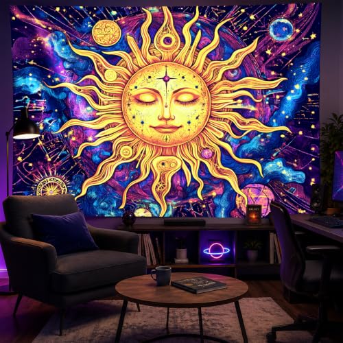 Blacklight Sun Tapestry 78 x 59 Inch Bohemian Dorm Decor