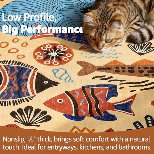 5ft Coastal Round Rug Washable Kids Rug Colorful Ocean Fish Mat Tan (19.63 Sq Ft)