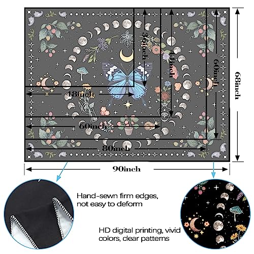 Blue Butterfly Moon Flower Tapestry Botanical Boho Plant Floral Wall Hanging for Bedroom and Living Room